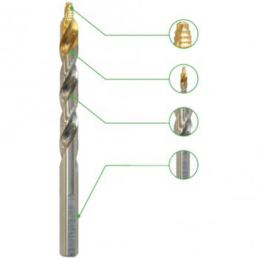 Broca hss-m2 din 338 con punta escalonada y recubrimiento tin