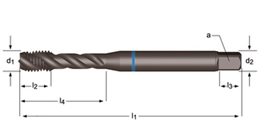 E238 - dormer hss-e-pm templado al vapor shark m  m macho de máquina helicoidal 40º shark con chaflán de salida cónica (anillo azul) estrías helicoidales a 40° din 371 le 10, din 376 ge 12