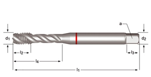 E260 - dormer hss-e-pm brillante shark m  m macho de máquina helicoidal 45º shark con chaflán de salida cónica (anillo rojo) estrías helicoidales a 45° din 371 le 10, din 376 ge 12