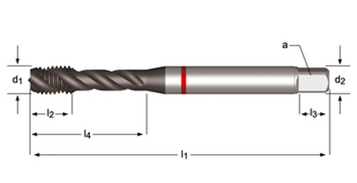 E261 - dormer hss-e-pm tialn/top shark m  m macho de máquina helicoidal 45º shark con chaflán de salida cónica (anillo rojo) estrías helicoidales a 45° din 371 le 10, din 376 ge 12