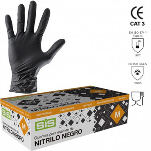 Guante de nitrilo negro desechable (sin polvo) en cajas de 100 unidades