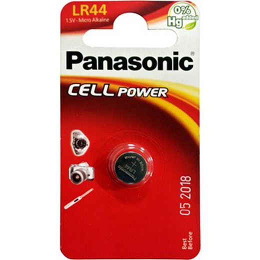 Bateria tipo botão Panasonic lr44 de 1,5 V.