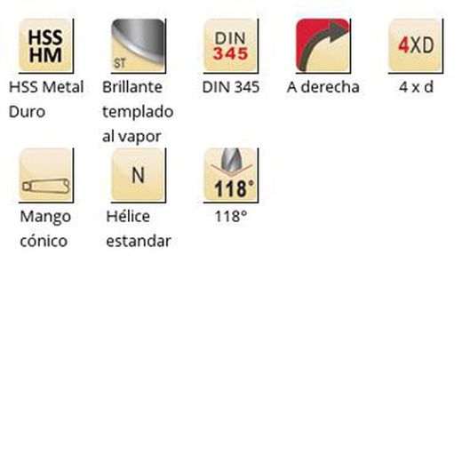 A166 - Foret Dormer HSS carbure trempé brillant/vapeur 118°, queue conique 4 pans avec pointe carbure soudée, série courte DIN 345