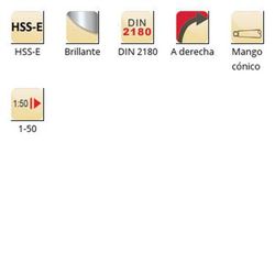 B954 - Alésoir machine Dormer HSS-E à queue conique brillante pour goupilles coniques, hélice à gauche, 45° DIN 2180