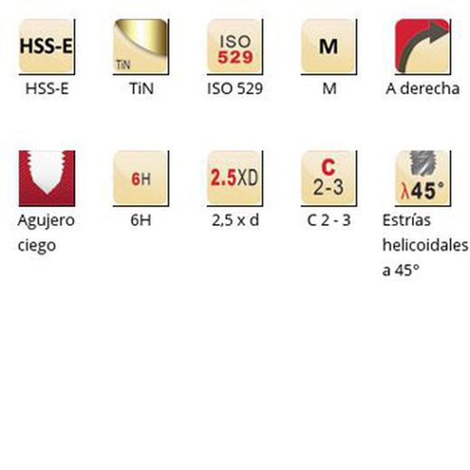 E002tin - Tarauds machine Dormer HSS-E Tin mm Cannelures hélicoïdales à 45° Cannelures hélicoïdales à 45° ISO 529