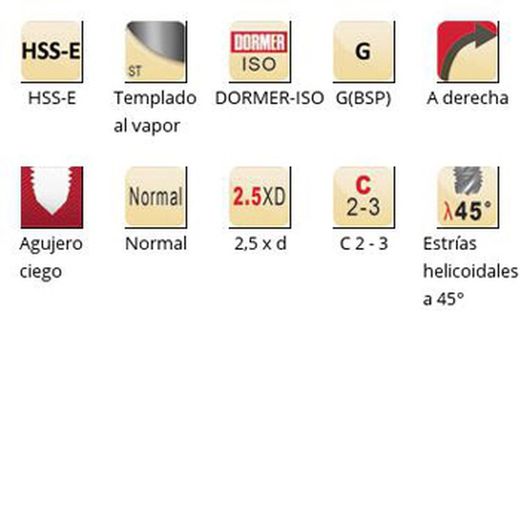 E043 - Tarauds machine Dormer HSS-E trempés à la vapeur G(bsp) G(bsp) Goujons hélicoïdaux à 45° Goujons hélicoïdaux à 45° Dormer-Iso