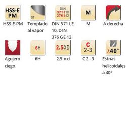 E238 - Taraud machine hélicoïdal Dormer HSS-E-PM trempé à la vapeur Shark M Shark 40° avec chanfrein de sortie conique (bague bleue) Cannelures hélicoïdales 40° DIN 371 LE 10, DIN 376 GE 12