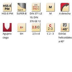 E239 - Taraud machine hélicoïdal Dormer HSS-E-PM Super-B Shark M Shark 40° avec chanfrein de sortie conique (bague bleue) Goujures hélicoïdales 40° DIN 371 LE 10, DIN 376 GE 12