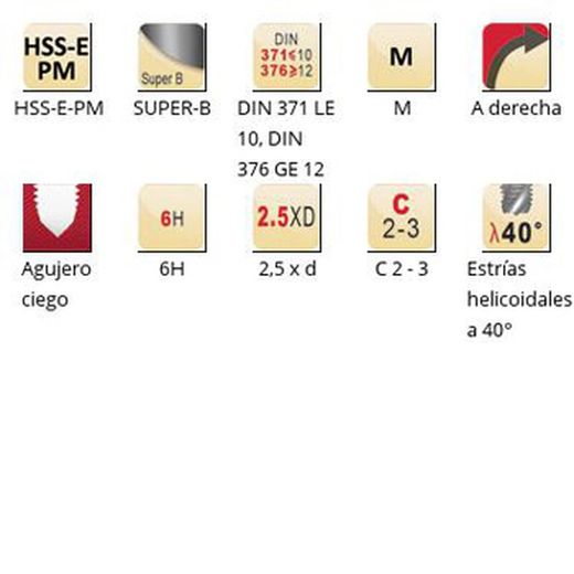 E239 - Taraud machine hélicoïdal Dormer HSS-E-PM Super-B Shark M Shark 40° avec chanfrein de sortie conique (bague bleue) Goujures hélicoïdales 40° DIN 371 LE 10, DIN 376 GE 12