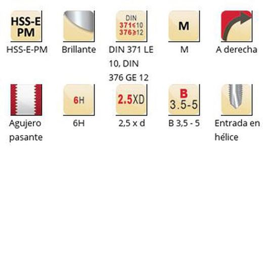 E255 - Taraud machine Dormer HSS-E-PM Bright Shark M avec entrée hélicoïdale Shark (bague rouge) Entrée hélicoïdale DIN 371 LE 10, DIN 376 GE 12