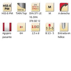 E256 - Taraud machine Dormer HSS-E-PM Tialn/Top Shark M avec entrée hélicoïdale Entrée hélicoïdale Shark (bague rouge) DIN 371 LE 10, DIN 376 GE 12