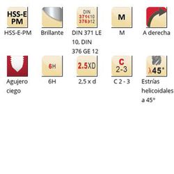 E260 - Dormer HSS-E-PM Bright Shark M Taraud machine hélicoïdal 45° Shark avec chanfrein de sortie conique (bague rouge) Goujures hélicoïdales 45° DIN 371 LE 10, DIN 376 GE 12