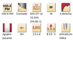 E297 - Taraud machine Dormer HSS-E-PM chromé Shark M avec entrée hélicoïdale Shark (bague jaune) Entrée hélicoïdale DIN 371 LE 10, DIN 376 GE 12
