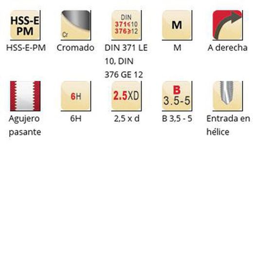 E297 - Taraud machine Dormer HSS-E-PM chromé Shark M avec entrée hélicoïdale Shark (bague jaune) Entrée hélicoïdale DIN 371 LE 10, DIN 376 GE 12