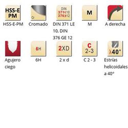 E298 - Taraud machine hélicoïdal Dormer HSS-E-PM chromé Shark M Shark 40° (bague jaune) Cannelures hélicoïdales 40° DIN 371 LE 10, DIN 376 GE 12