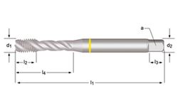E298 - Taraud machine hélicoïdal Dormer HSS-E-PM chromé Shark M Shark 40° (bague jaune) Cannelures hélicoïdales 40° DIN 371 LE 10, DIN 376 GE 12