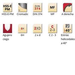 E300 - Taraud machine hélicoïdal Dormer HSS-E-PM chromé Shark MF MF 40° Shark (bague jaune) Cannelures hélicoïdales 40° DIN 374