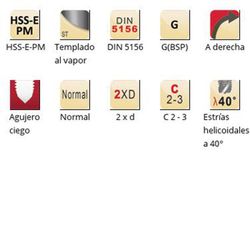 E382 - Taraud machine hélicoïdal Dormer HSS-E-PM trempé à la vapeur Shark G(BSP) G(BSP) 40° Shark (bague bleue) Cannelures hélicoïdales 40° DIN 5156