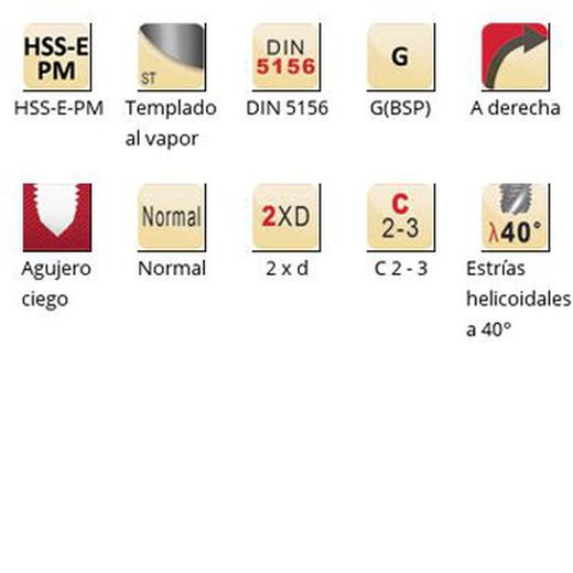 E382 - Taraud machine hélicoïdal Dormer HSS-E-PM trempé à la vapeur Shark G(BSP) G(BSP) 40° Shark (bague bleue) Cannelures hélicoïdales 40° DIN 5156