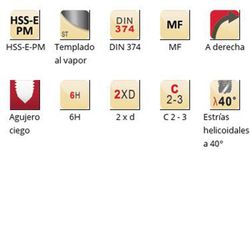 E383 - Taraud machine hélicoïdal Dormer HSS-E-PM trempé à la vapeur Shark MF MF 40° Shark (bague bleue) Cannelures hélicoïdales 40° DIN 374