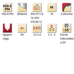 E473 - Taraud machine hélicoïdal Dormer HSS-E-PM Bright Shark M Shark 35° (bague verte) Cannelures hélicoïdales 35° DIN 371 LE 10, DIN 376 GE 12
