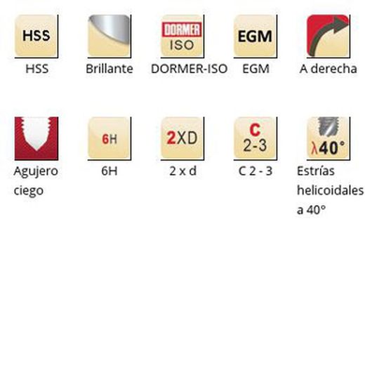 E621 - Tarauds machine Dormer HSS brillant EGM EGM, goujures hélicoïdales à 40°, goujures hélicoïdales à 40°, Dormer-ISO