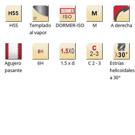 E650 - Taraud combiné Dormer HSS trempé à la vapeur M M, goujures hélicoïdales 30°, goujures hélicoïdales 30°, Dormer-ISO