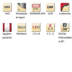 E654 - Taraud combiné Dormer HSS trempé à la vapeur UNF UNF, goujures hélicoïdales 30°, goujures hélicoïdales 30°, Dormer-Din