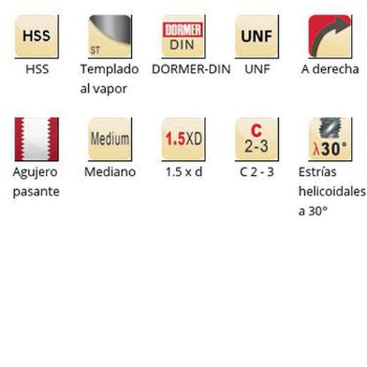 E654 - Taraud combiné Dormer HSS trempé à la vapeur UNF UNF, goujures hélicoïdales 30°, goujures hélicoïdales 30°, Dormer-Din