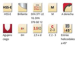 Ex006g - Tarauds machine Dormer HSS-E Bright M, goujures hélicoïdales à 45°, DIN 371 LE 10, DIN 376 GE 12