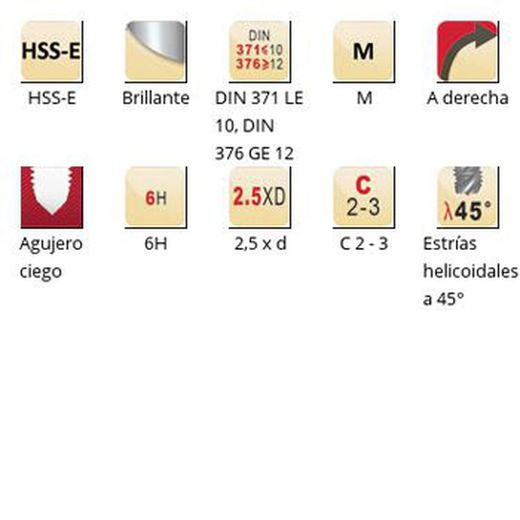 Ex006h - Tarauds machine Dormer HSS-E Bright M, goujures hélicoïdales à 45°, goujures hélicoïdales à 45°, DIN 371 LE 10, DIN 376 GE 12