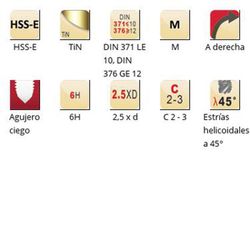 Ex00tin - Tarauds machine Dormer HSS-E Tin M Cannelures hélicoïdales à 45° Cannelures hélicoïdales à 45° DIN 371 LE 10, DIN 376 GE 12