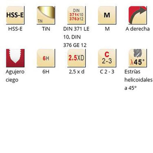 Ex00tin - Tarauds machine Dormer HSS-E Tin M Cannelures hélicoïdales à 45° Cannelures hélicoïdales à 45° DIN 371 LE 10, DIN 376 GE 12