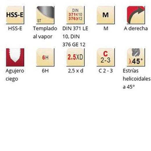 Ex016h - Tarauds machine Dormer HSS-E trempés à la vapeur M, goujures hélicoïdales à 45°, goujures hélicoïdales à 45°, DIN 371 LE 10, DIN 376 GE 12
