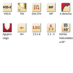 Ex10tin - Tarauds machine Dormer HSS-E Tin MF MF Cannelures hélicoïdales à 45° Cannelures hélicoïdales à 45° DIN 374