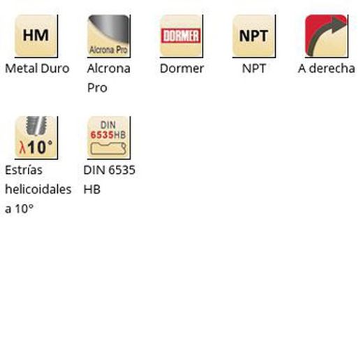 J260 - Fraise à fileter Dormer Carbide Alcrona Pro NPT avec angle d'hélice de 10°, goujures hélicoïdales Dormer de 10°