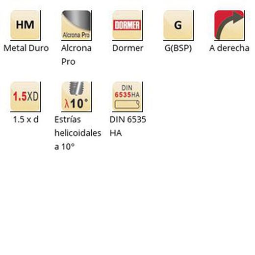 J280 - Fraise à fileter Dormer Alcrona Pro G(BSP) en carbure avec angle d'hélice de 10°, goujures hélicoïdales de 10°, Dormer