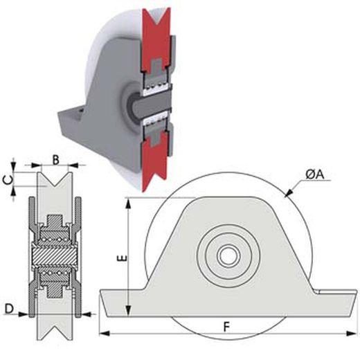 Rueda puerta corredera con soporte atornillar canal angular