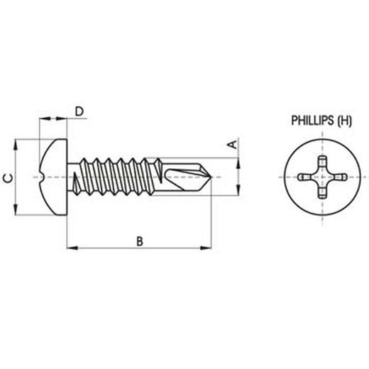 Tornillo din-7504 n con punta de broca, cabeza alomada, mortaja philips, acero zincado.