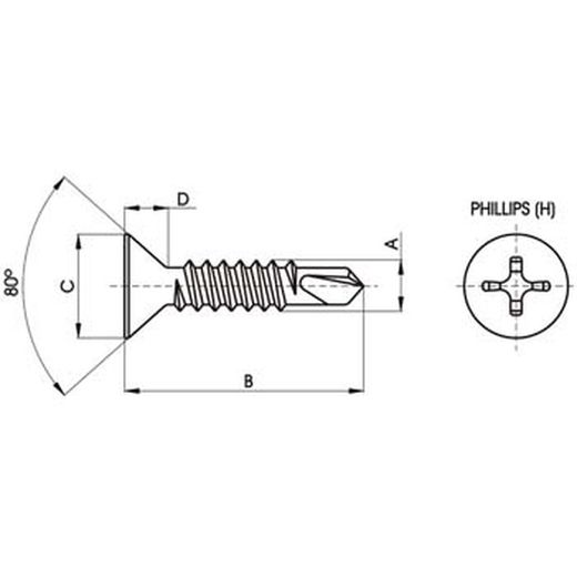 Vis DIN-7504 P à pointe perforante, tête fraisée, mortaise Philips, acier zingué.