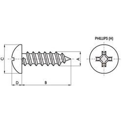 Vis autotaraudeuse DIN-7981 CH à tête cylindrique bombée avec empreinte cruciforme et en acier inoxydable A2.