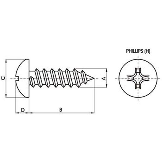 Vis autotaraudeuse DIN-7981 CH à tête cylindrique bombée avec empreinte cruciforme et en acier inoxydable A2.