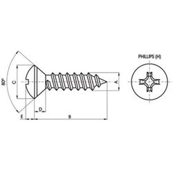Vis autotaraudeuse DIN-7983 CH à tête fraisée convexe avec empreinte cruciforme et en acier inoxydable A2.