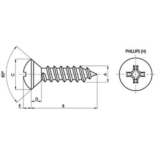 Vis autotaraudeuse DIN-7983 CH à tête fraisée convexe avec empreinte cruciforme et en acier inoxydable A2.