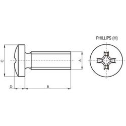 Vis DIN-7985 à tête cylindrique bombée et empreinte cruciforme, en acier inoxydable A2 et filetage métrique.