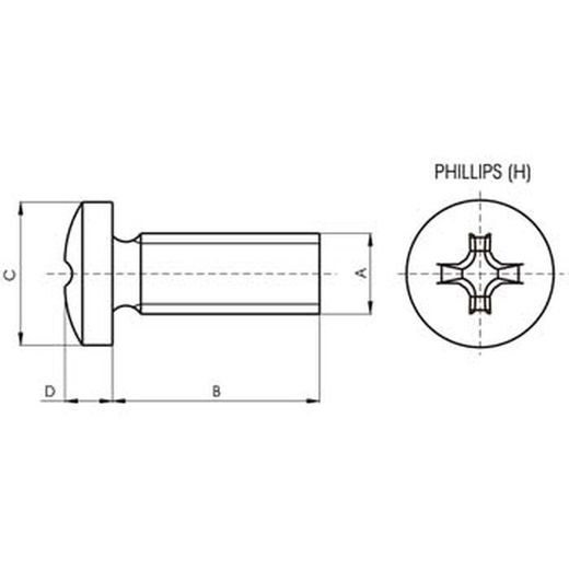 Vis DIN-7985 à tête cylindrique bombée et empreinte cruciforme, en acier inoxydable A2 et filetage métrique.