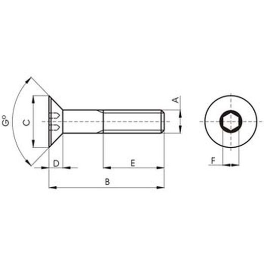 Tornillo din-7991 de cabeza avellanada con hueco hexagonal, de acero inoxidable a2 y rosca métrica.