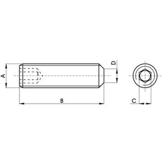 Tornillo din-913 sin cabeza con hueco hexagonal y extremo biselado, de acero inoxidable a2 y rosca métrica.