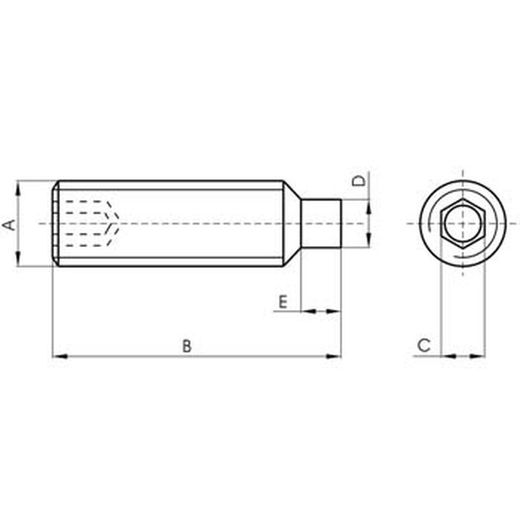 Vis sans tête DIN-915 à six pans creux et pivot, en acier (12.9) et filetage métrique.