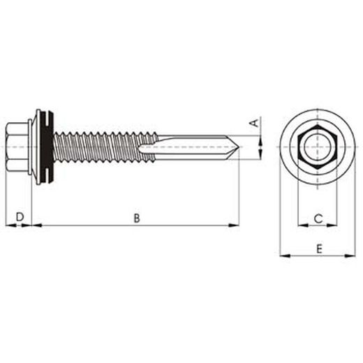Tornillo ref-7331 autotaladrante, con punta broca nº5, cabeza hexagonal, cincado y arandela de acero + caucho "epdm"